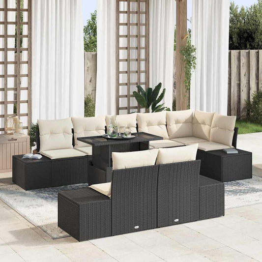 Conjunto de Sofá de Jardim com almofada 9 pcs Preto e creme
