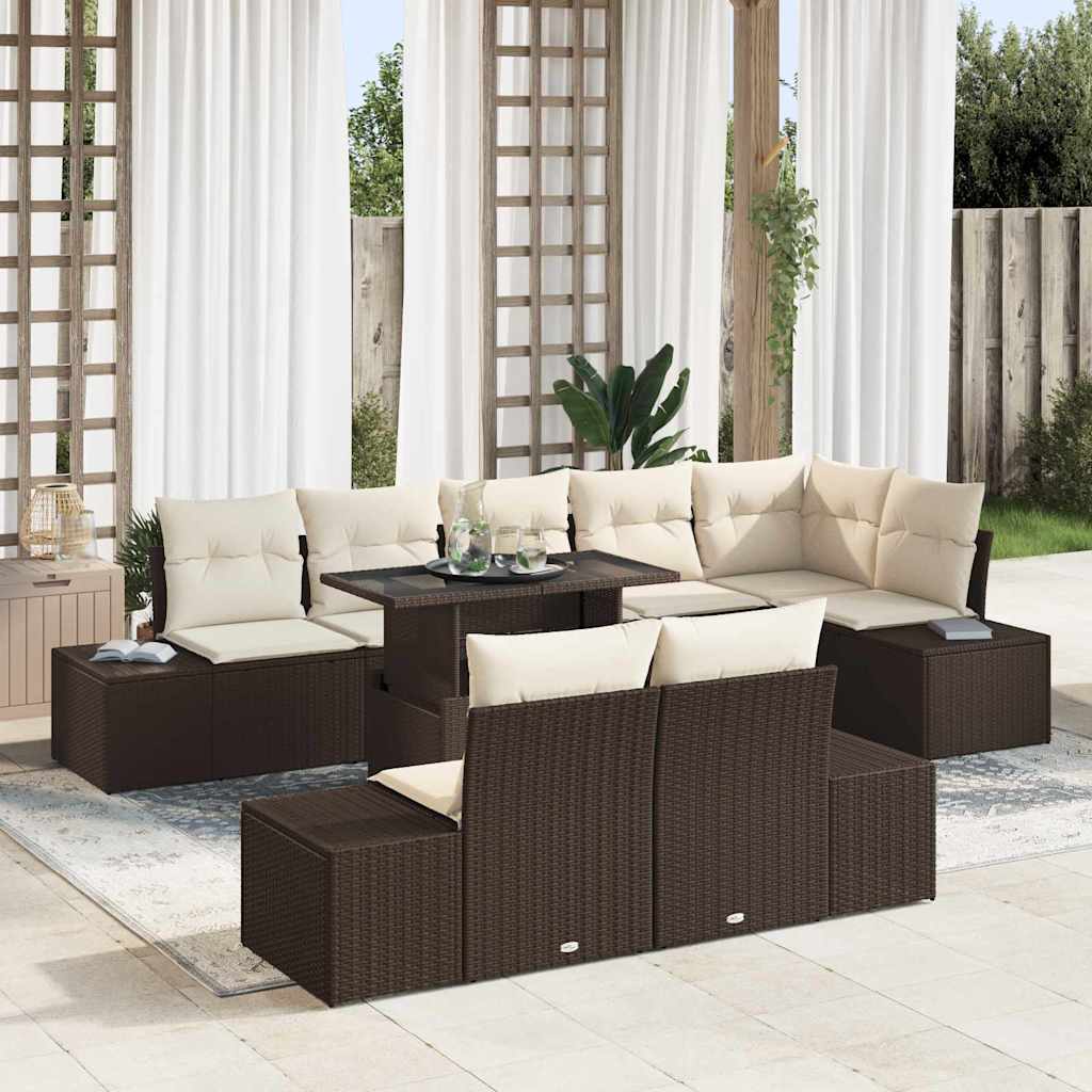 Conjunto de Sofá de Jardim 9 pcs Marrom e Creme vime PE