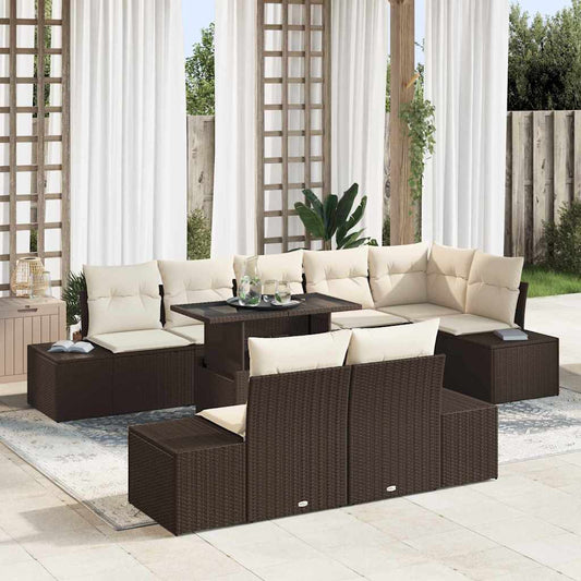Conjunto de Sofá de Jardim 9 pcs Marrom e Creme vime PE