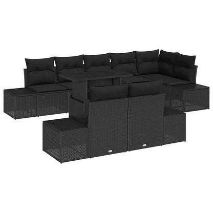Conjunto de Sofá de Jardim com almofada 9 pcs Preto vime PE
