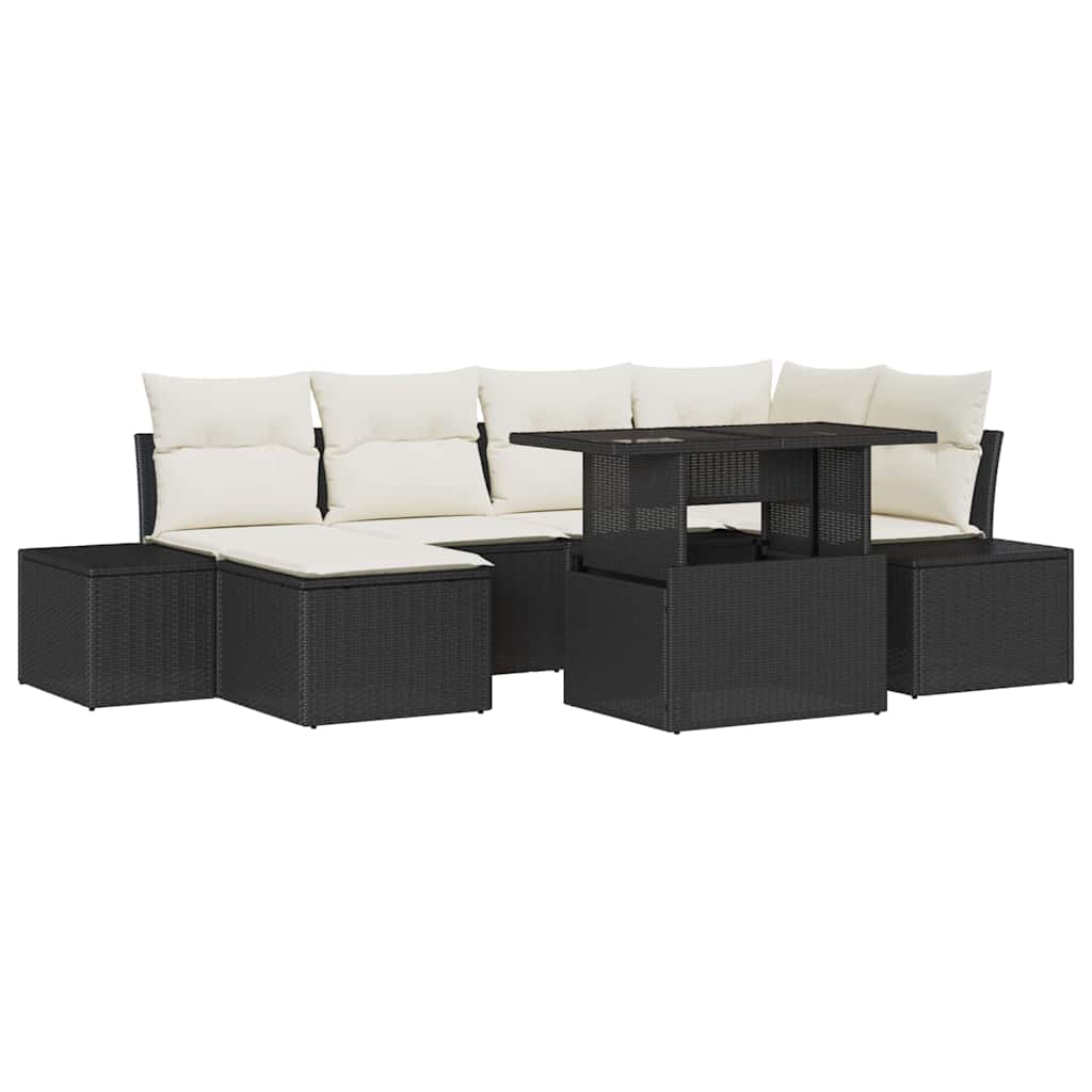 Conjunto de Sofá de Jardim com almofada 7 pcs Preto e creme