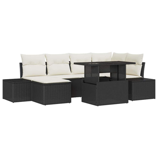 Conjunto de Sofá de Jardim com almofada 7 pcs Preto e creme