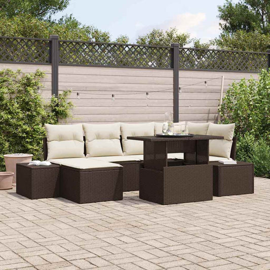 Conjunto de Sofá de Jardim com almofada 7 pcs Castanho e creme