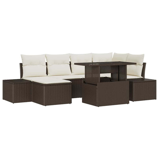 Conjunto de Sofá de Jardim com almofada 7 pcs Castanho e creme