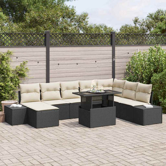 Conjunto de Sofá de Jardim 9 pcs Preto e Creme vime PE