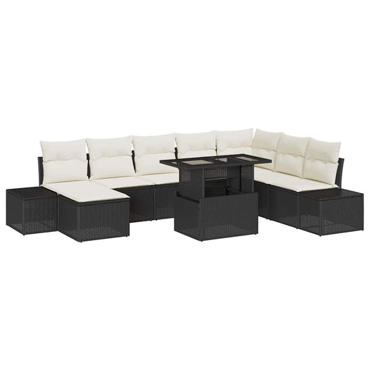 Conjunto de Sofá de Jardim 9 pcs Preto e Creme vime PE