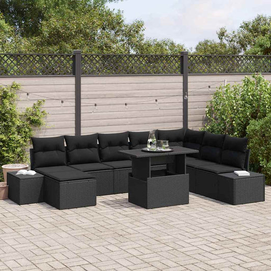Conjunto de Sofá de Jardim com almofada 9 pcs Preto vime PE