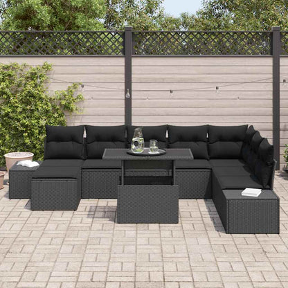 Conjunto de Sofá de Jardim com almofada 9 pcs Preto vime PE