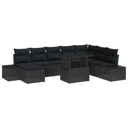 Conjunto de Sofá de Jardim com almofada 9 pcs Preto vime PE