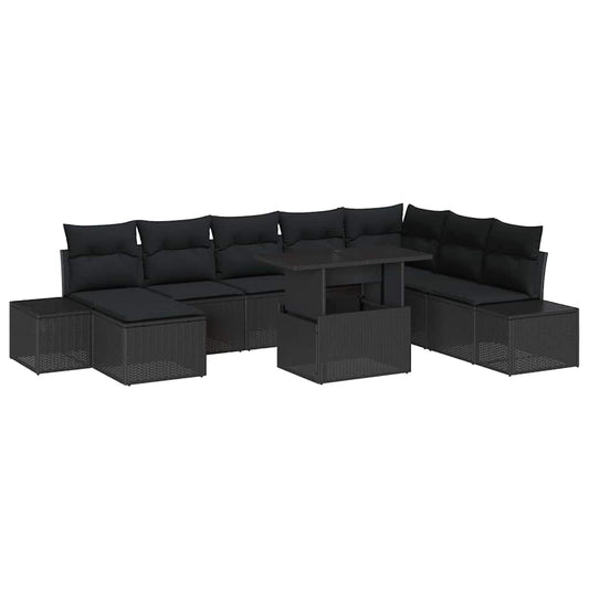 Conjunto de Sofá de Jardim com almofada 9 pcs Preto vime PE