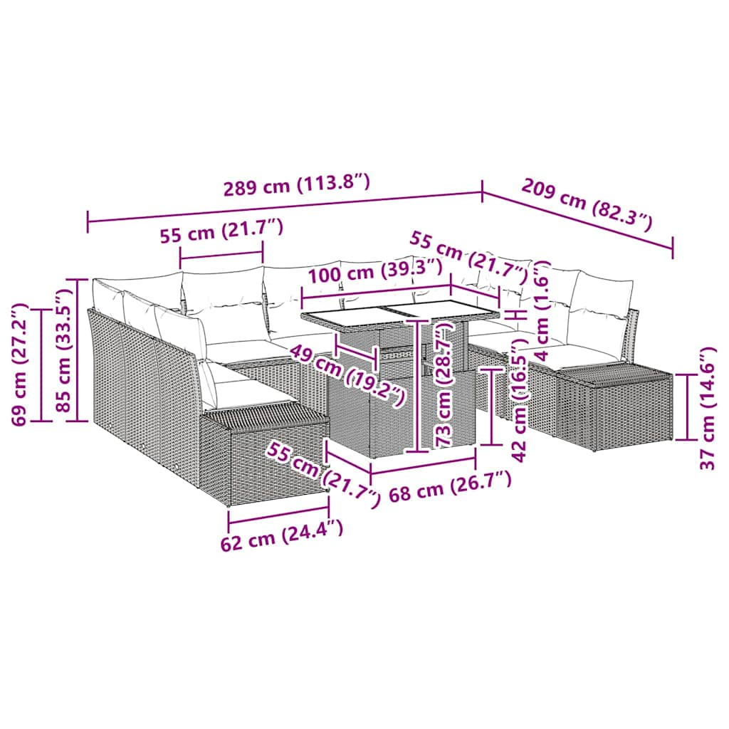 Conjunto de Sofá de Jardim com almofada 10 pcs Cinzento-claro
