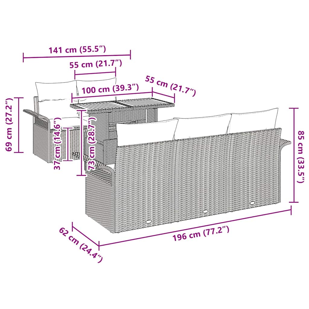 Conjunto de Sofá de Jardim com almofada 6 pcs Preto vime PE
