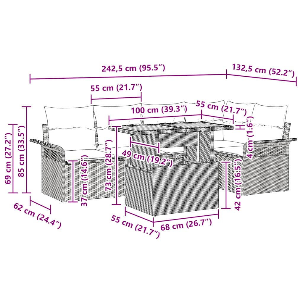 Conjunto de Sofá de Jardim 6 pcs Cinzeto 100 x 55 x 73 cm