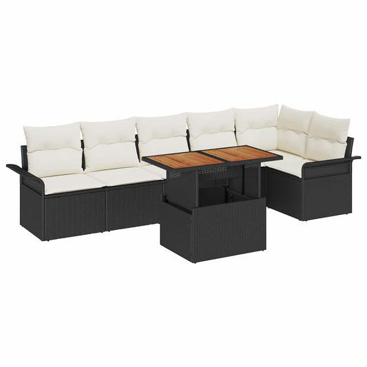 Conjunto de Sofá de Jardim com almofada 7 pcs Preto e creme