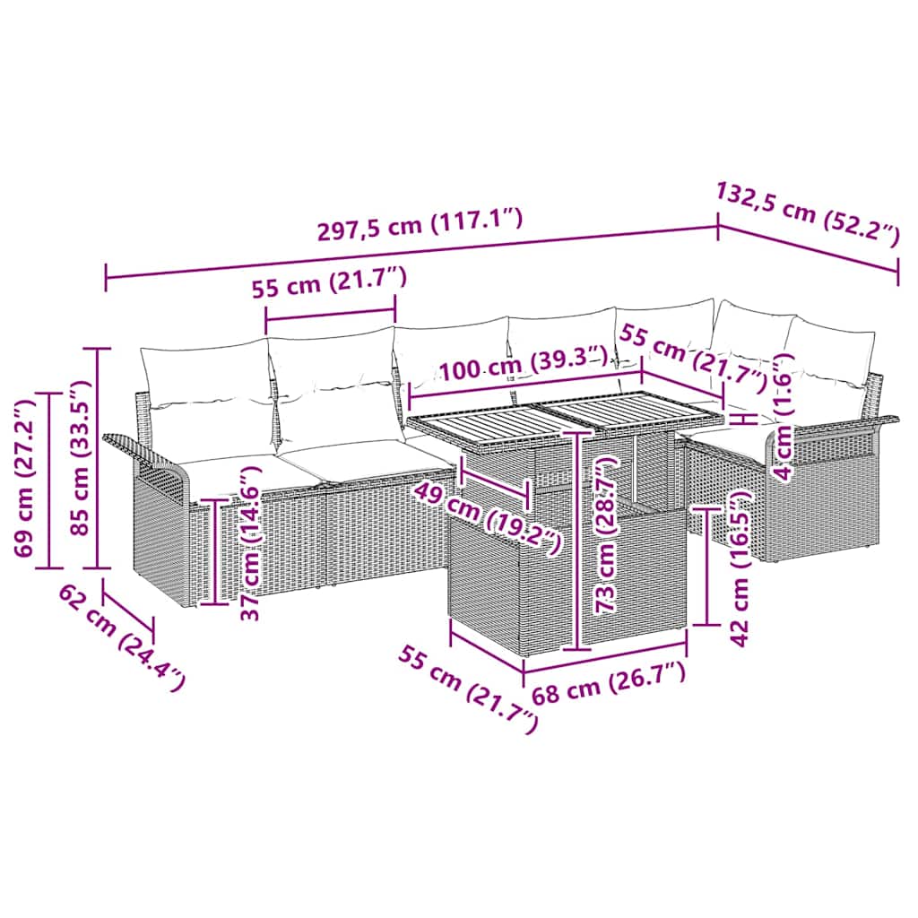 Conjunto de Sofá de Jardim com almofada 7 pcs Preto