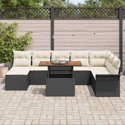 Conjunto de Sofá de Jardim com almofada 9 pcs Preto e creme