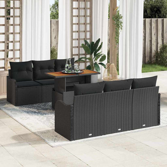 Conjunto de Sofá de Jardim com almofada 7 pcs Preto vime PE