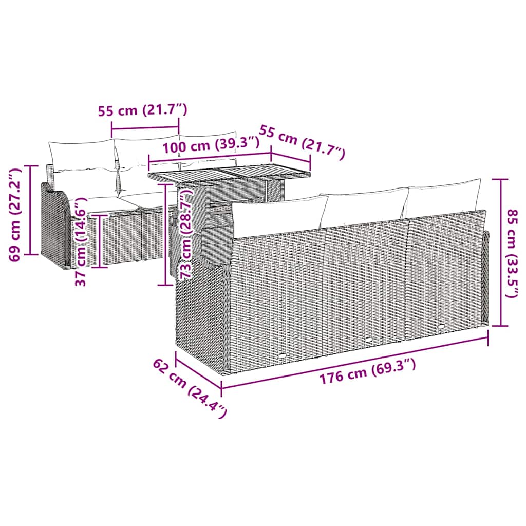 Conjunto de Sofá de Jardim com almofada 7 pcs Preto vime PE