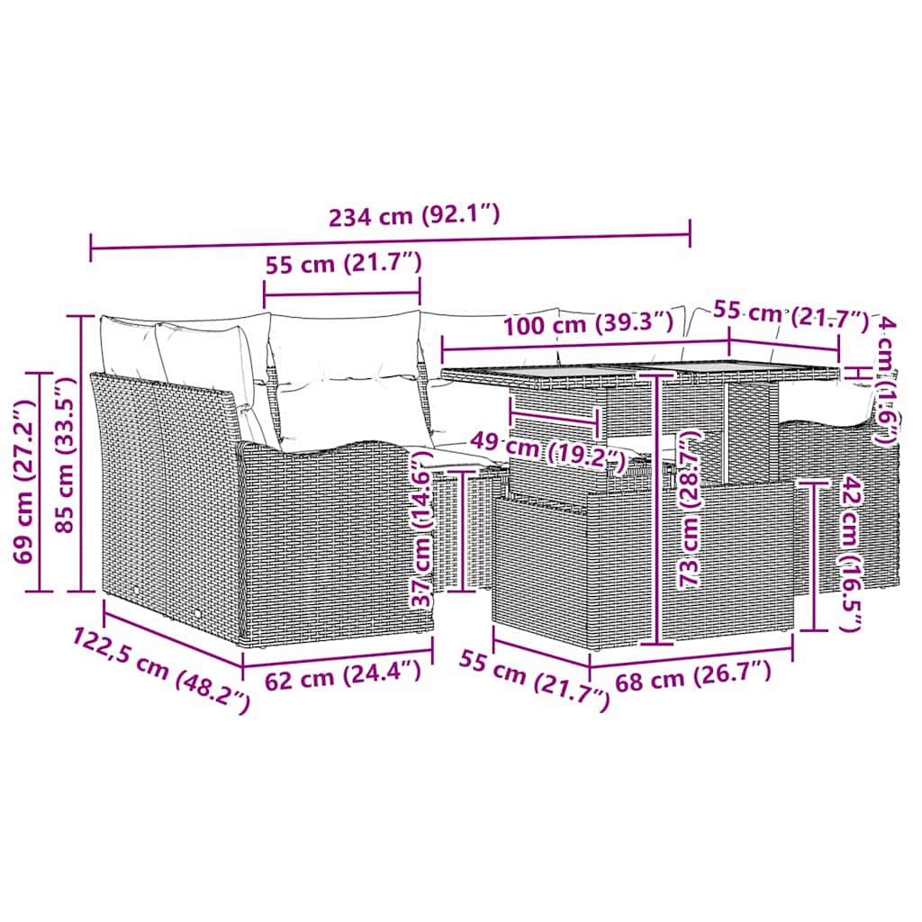 Conjunto de Sofá de Jardim com almofada 7 pcs Preto e creme