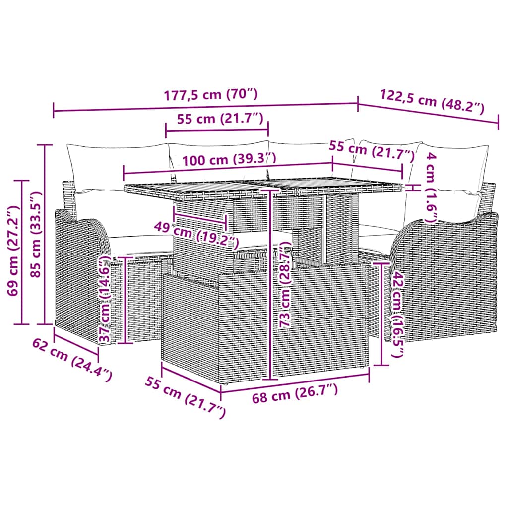 Conjunto de Sofá de Jardim Manual 5 pcs bege e cinzento claro