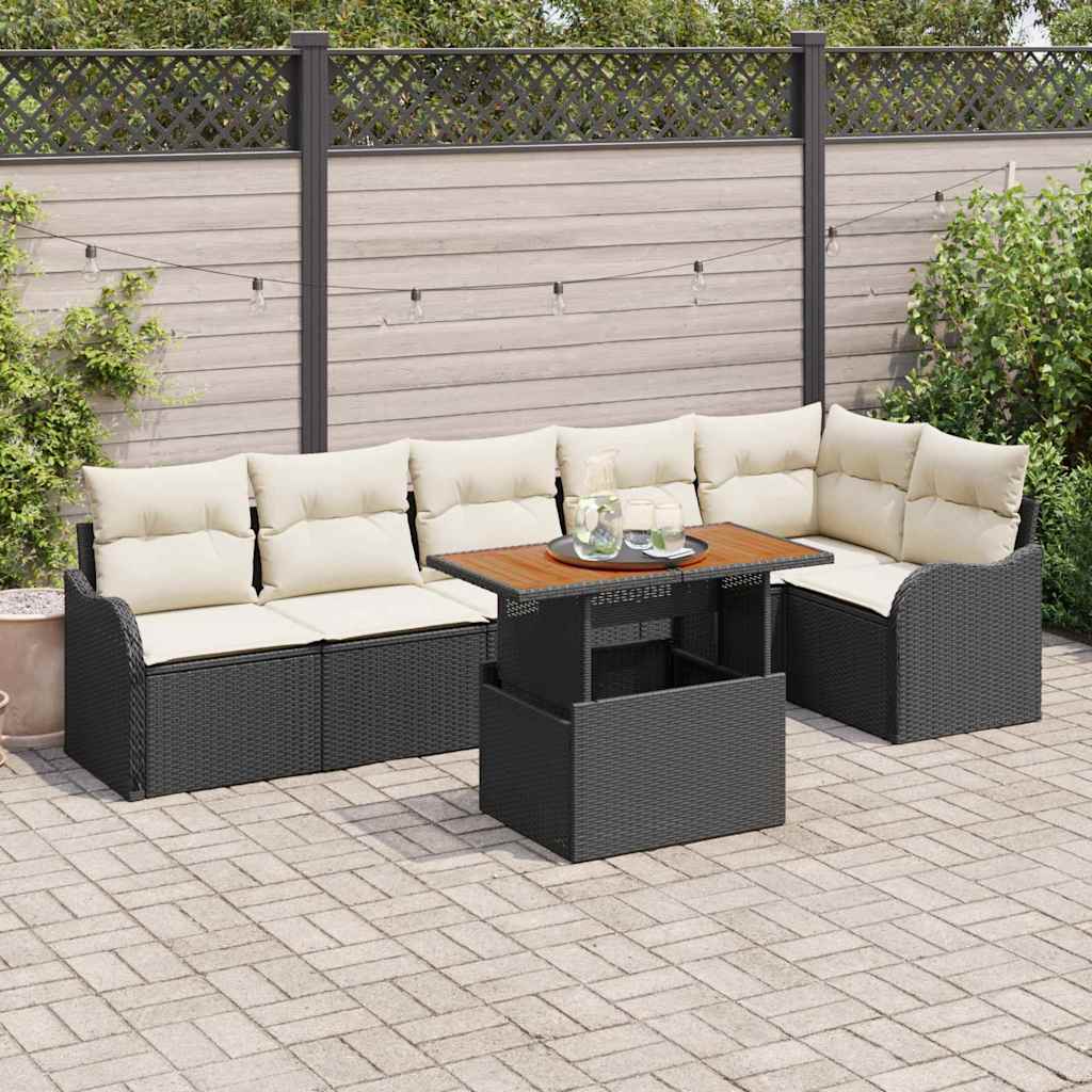 Conjunto de Sofá de Jardim com almofada 7 pcs Preto e creme