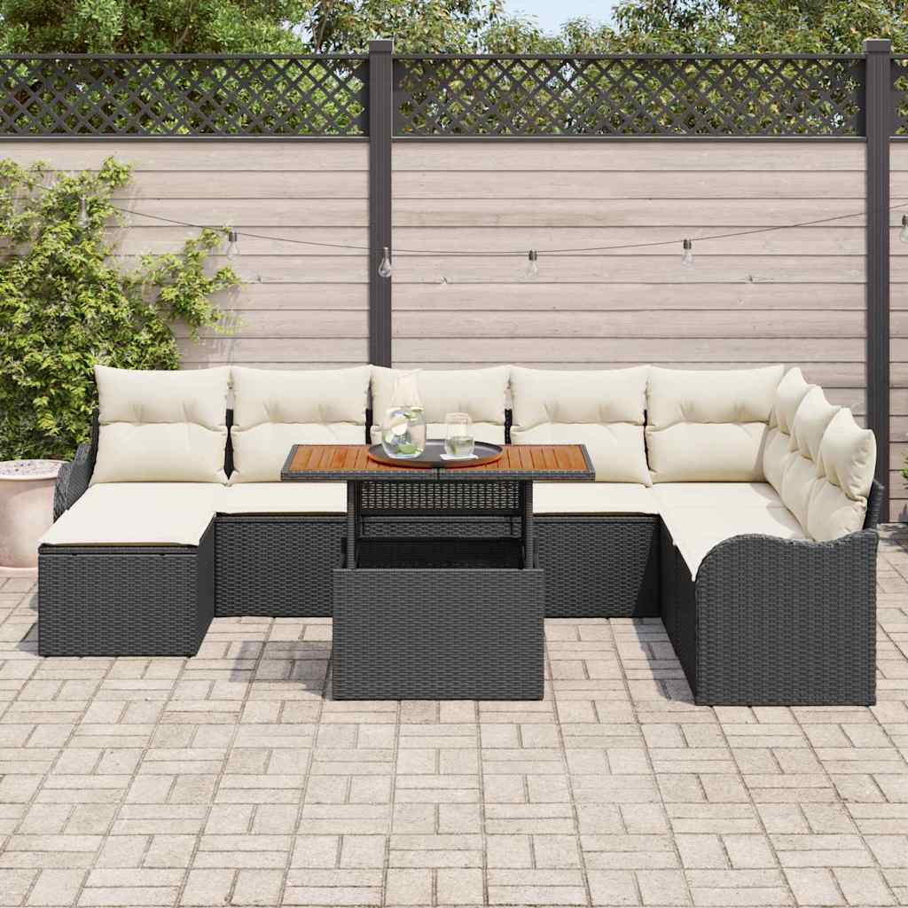 Conjunto de Sofá de Jardim com almofada 9 pcs Preto e creme