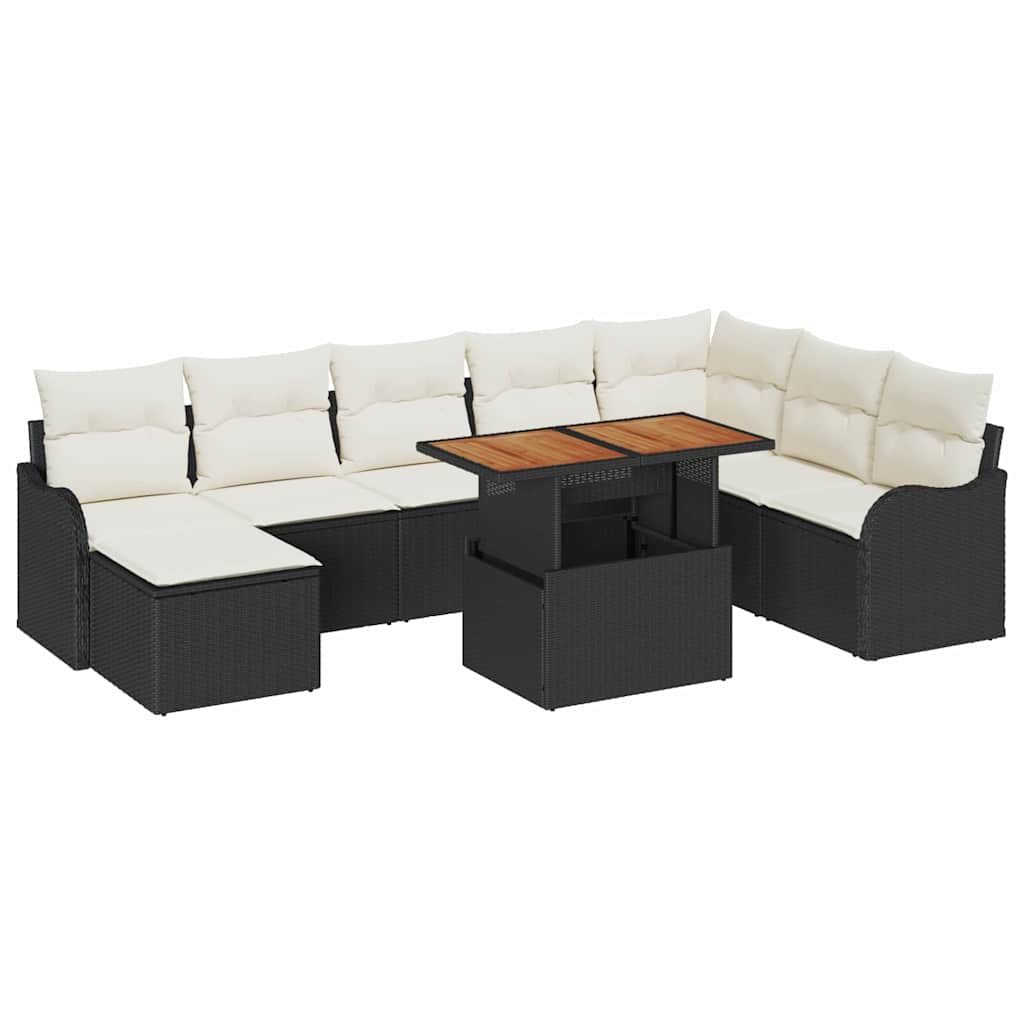 Conjunto de Sofá de Jardim com almofada 9 pcs Preto e creme