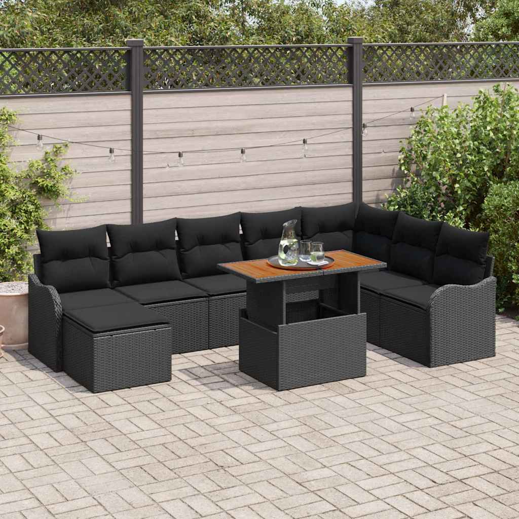 Conjunto de Sofá de Jardim com almofada 9 pcs Preto