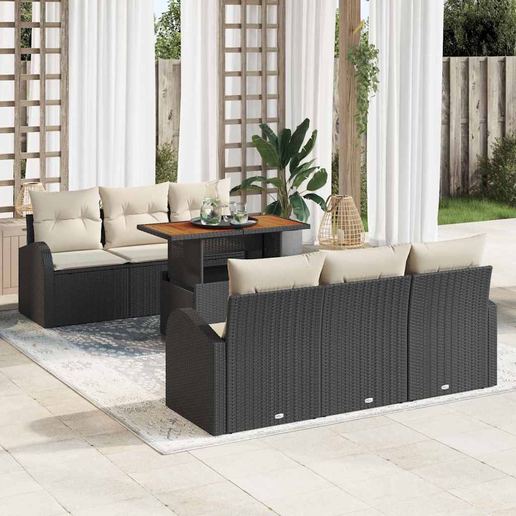 Conjunto de Sofá de Jardim com almofada 7 pcs Preto e creme