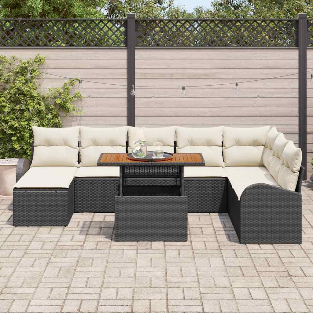 Conjunto de Sofá de Jardim com almofada 9 pcs Preto e creme