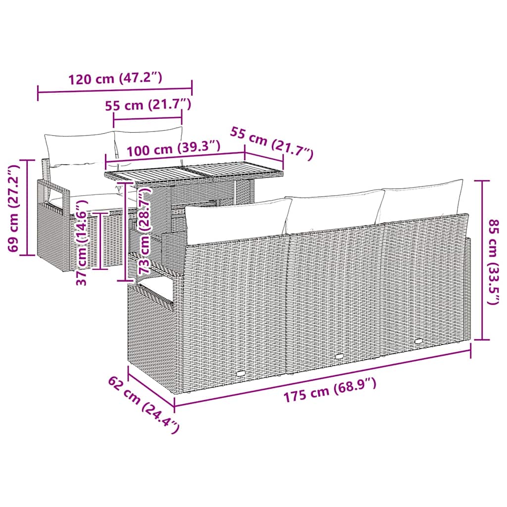 Conjunto de Sofá de Jardim com almofada Manual 6 pcs Preto