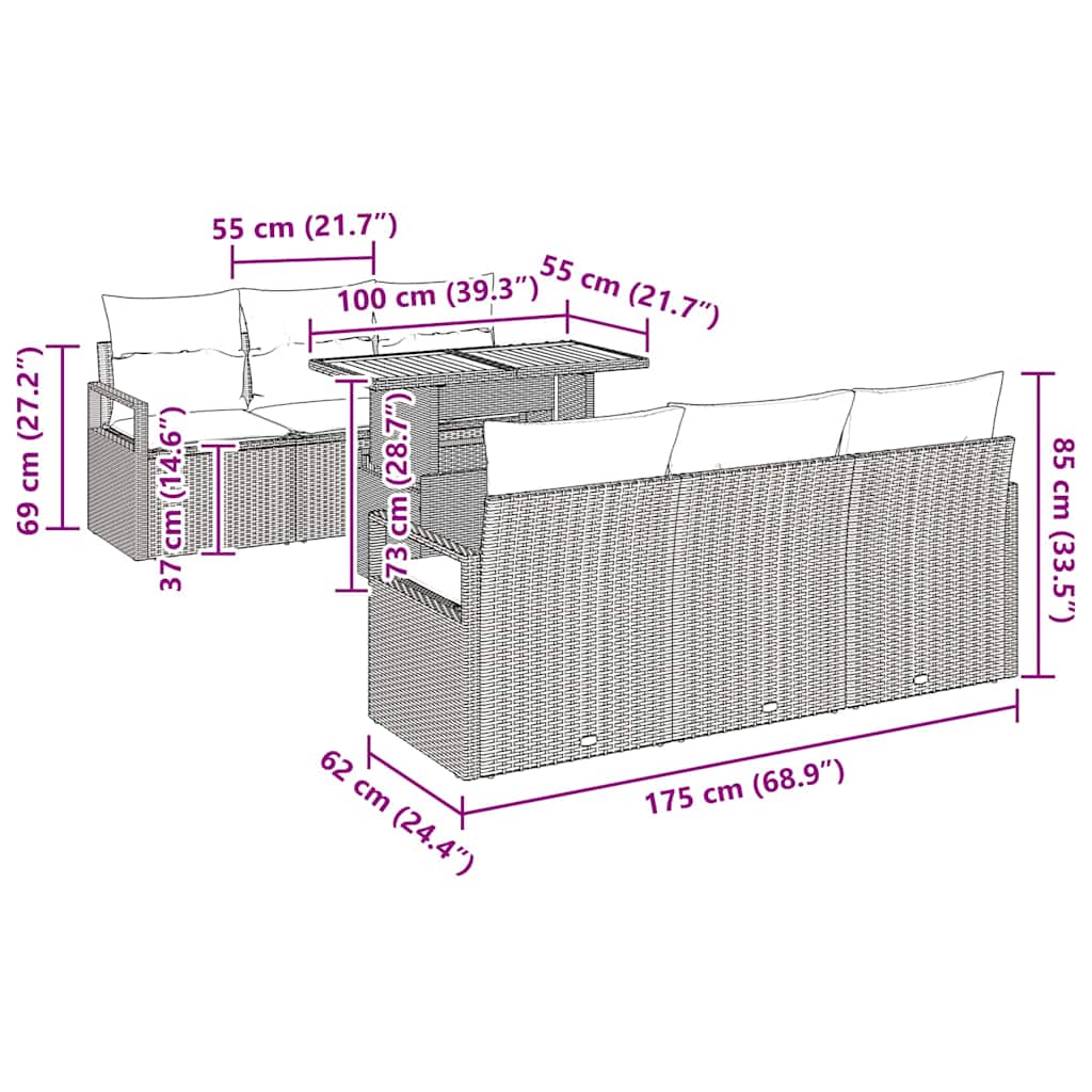Conjunto de Sofá de Jardim Manual 7 pcs bege e cinzento claro