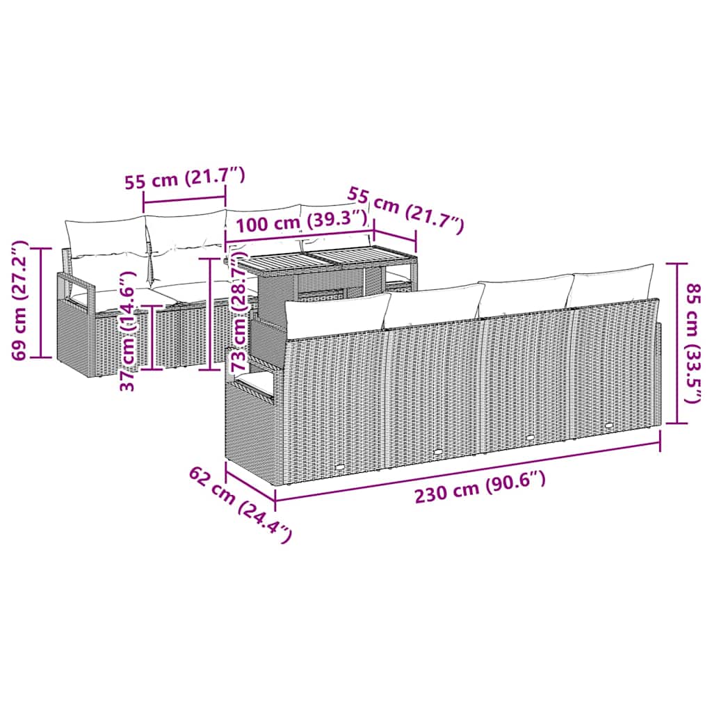Conjunto de Sofá de Jardim 9 pcs Bege e Cinza 100 x 55 x 73 cm
