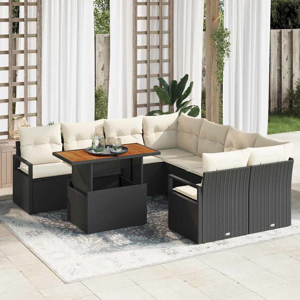 Conjunto de Jantar para Jardim com almofada 9 pcs Preto e Creme