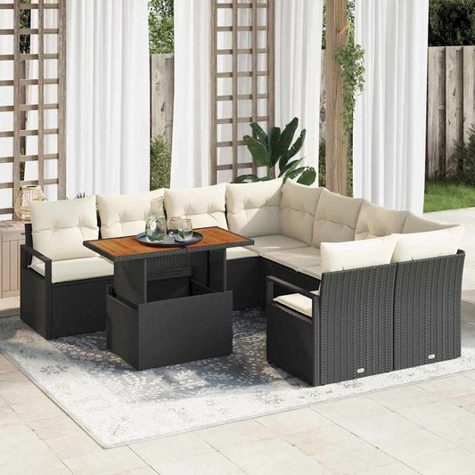 Conjunto de Jantar para Jardim com almofada 9 pcs Preto e Creme