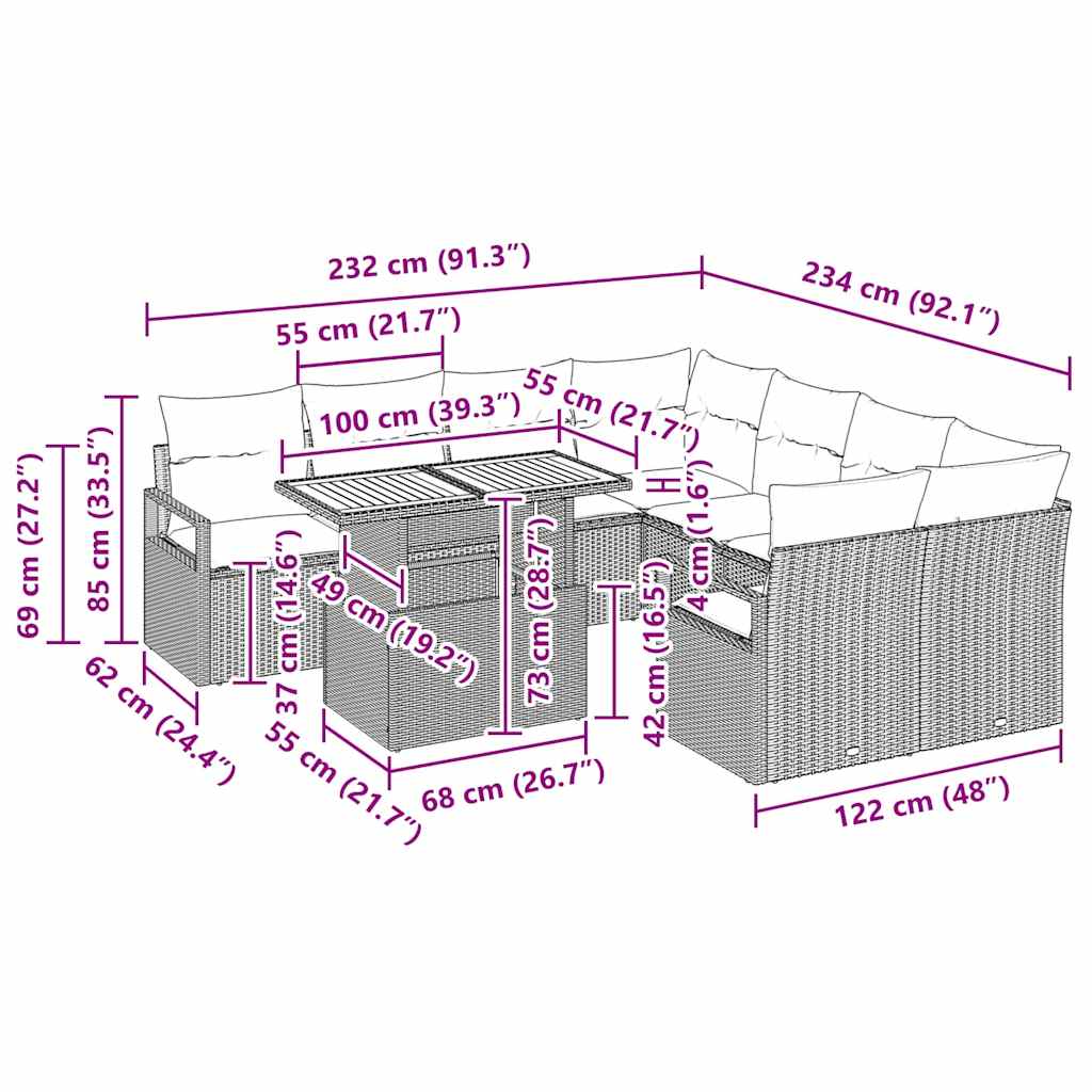 Conjunto de Jantar para Jardim com almofada 9 pcs Preto e Creme