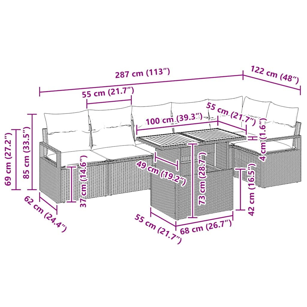 Conjunto de Jantar para Jardim com almofada 7 pcs Bege e Creme