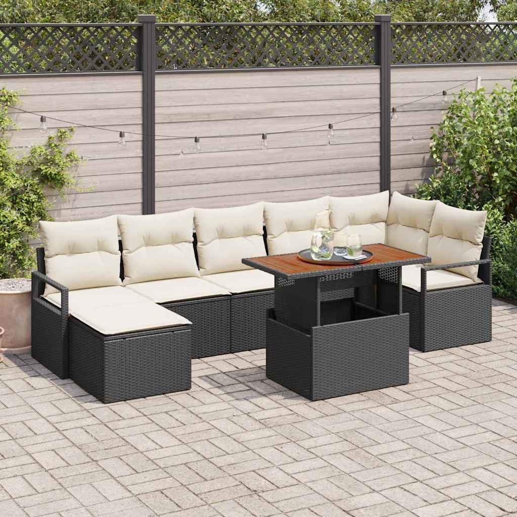 Conjunto de Jantar para Jardim com almofada 8 pcs Preto e Creme