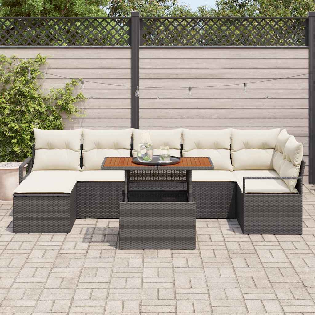 Conjunto de Jantar para Jardim com almofada 8 pcs Preto e Creme