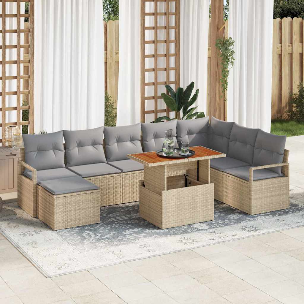 Conjunto de Sofá de Jardim com almofada 9 pcs Bege e Cinza