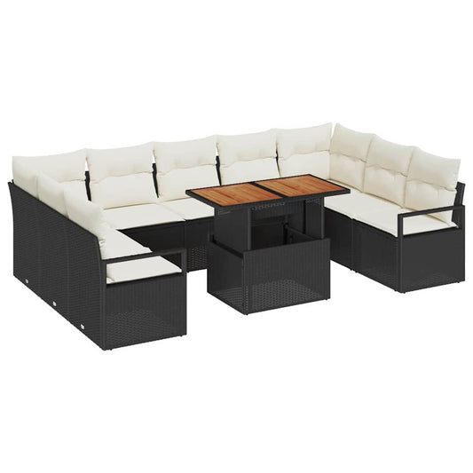 Conjunto de Sofá de Jardim com almofada 10 pcs Preto e Creme