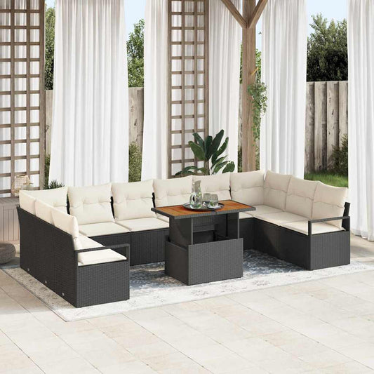 Conjunto de Sofá de Jardim com almofada 11 pcs Preto e Creme