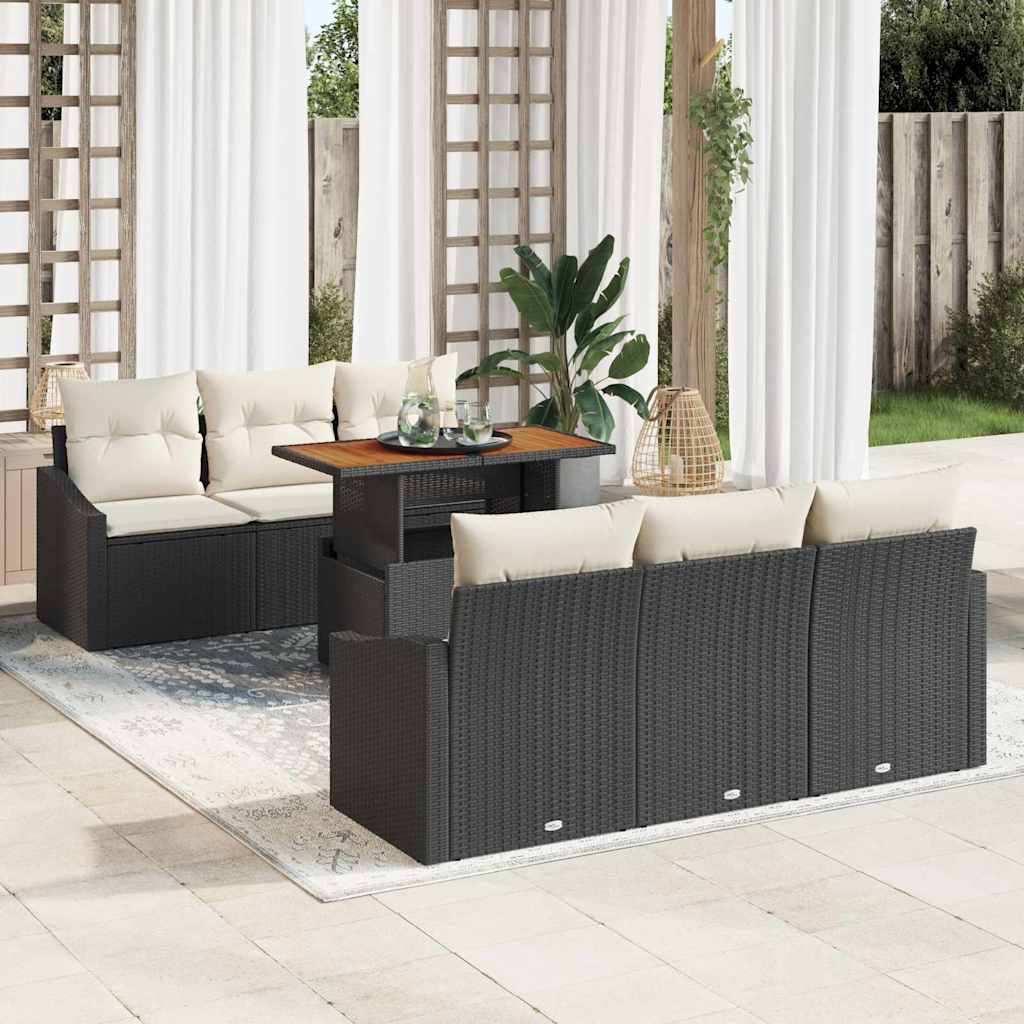 Conjunto de Sofá de Jardim com almofada 7 pcs Preto e Creme