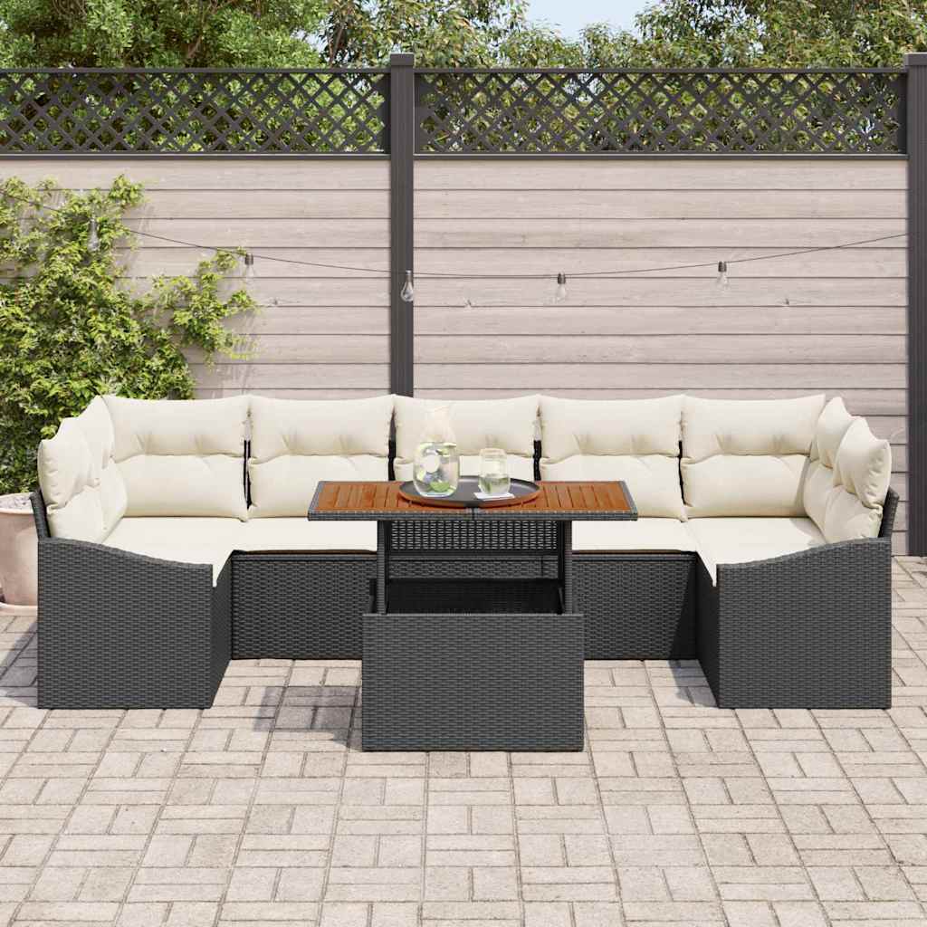 Conjunto de Jantar para Jardim com almofada 8 pcs Preto e Creme