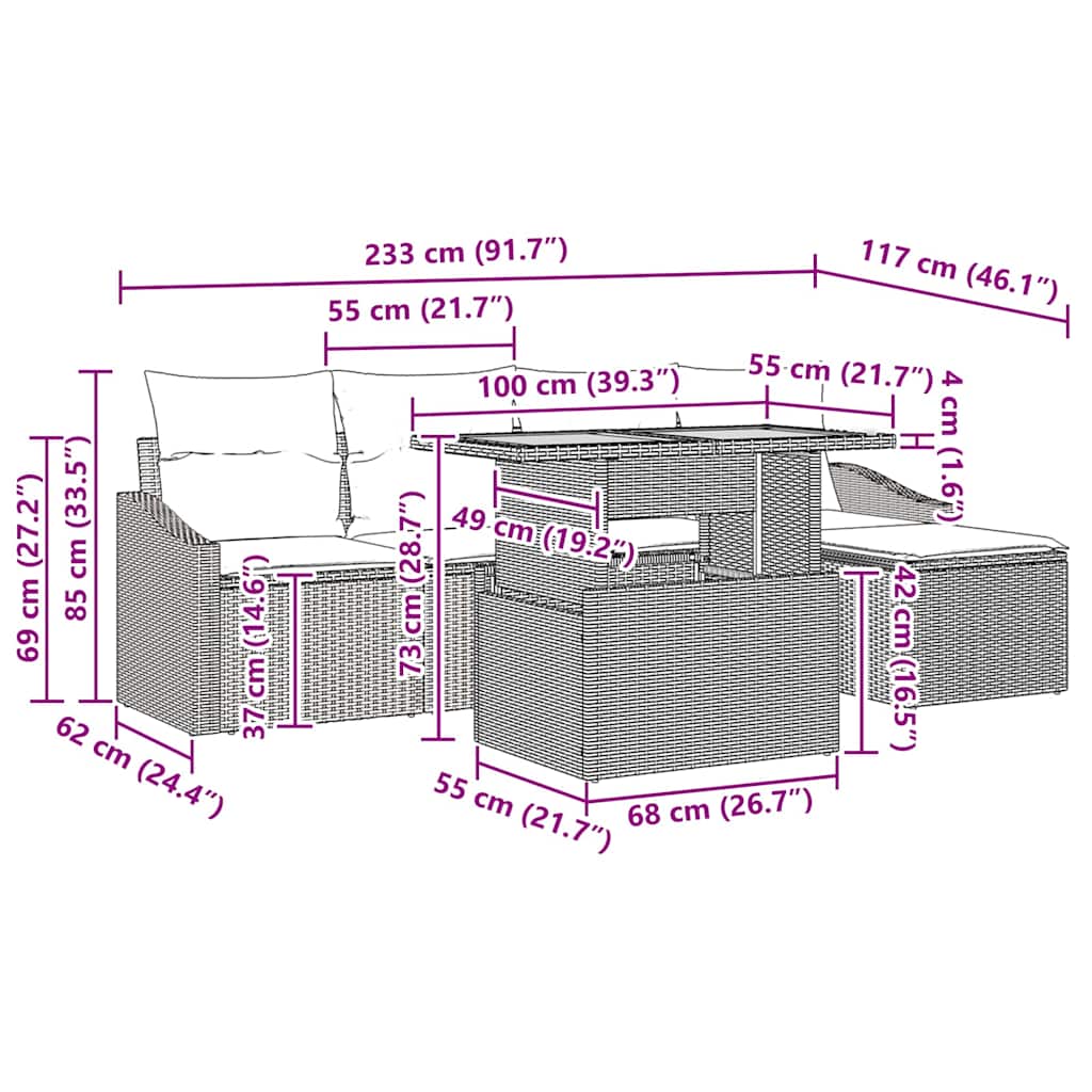 Conjunto de Jantar para Jardim com almofada 6 pcs Bege e Creme