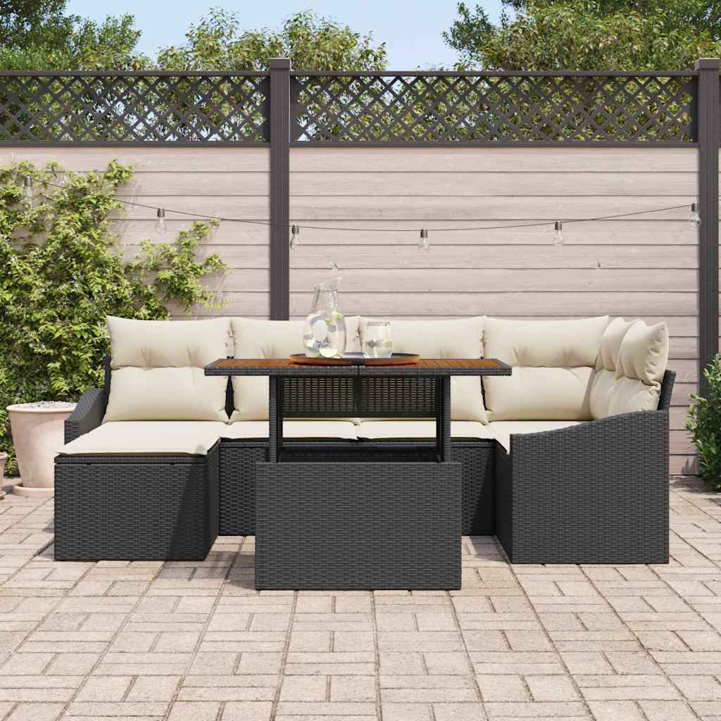 Conjunto de Jantar para Jardim com almofada 7 pcs Preto e Creme