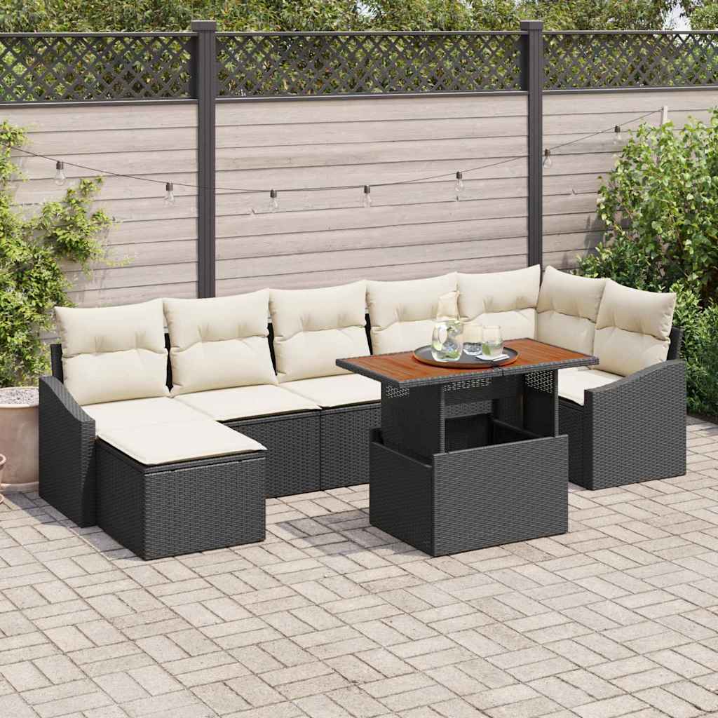 Conjunto de Jantar para Jardim com almofada 8 pcs Preto e Creme