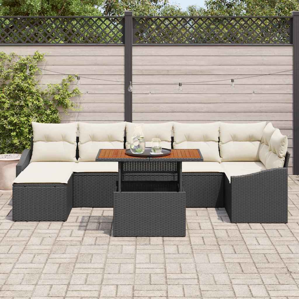 Conjunto de Jantar para Jardim com almofada 8 pcs Preto e Creme