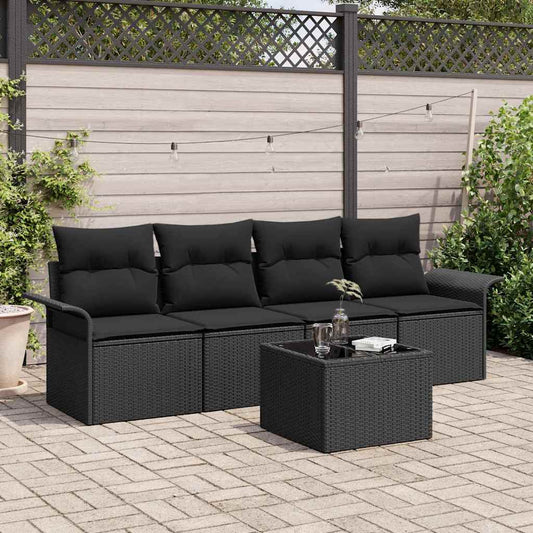 Conjunto de Sofá de Jardim com almofada 5 pcs Preto vime PE