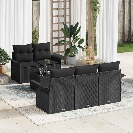 Conjunto de Sofá de Jardim 6 pcs Preto Rattan e Aço e Vidro